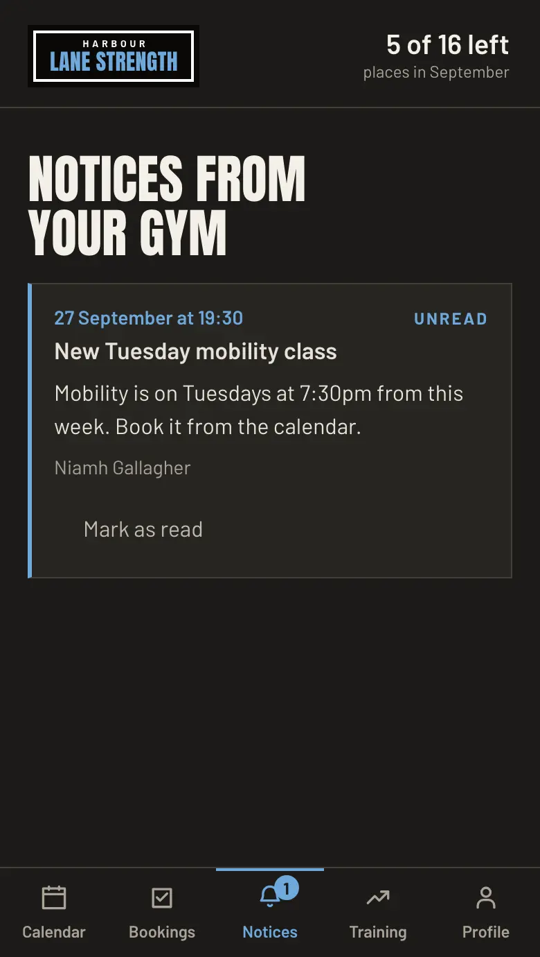 The gym’s notices on a member’s phone, inside the app rather than in a group chat.