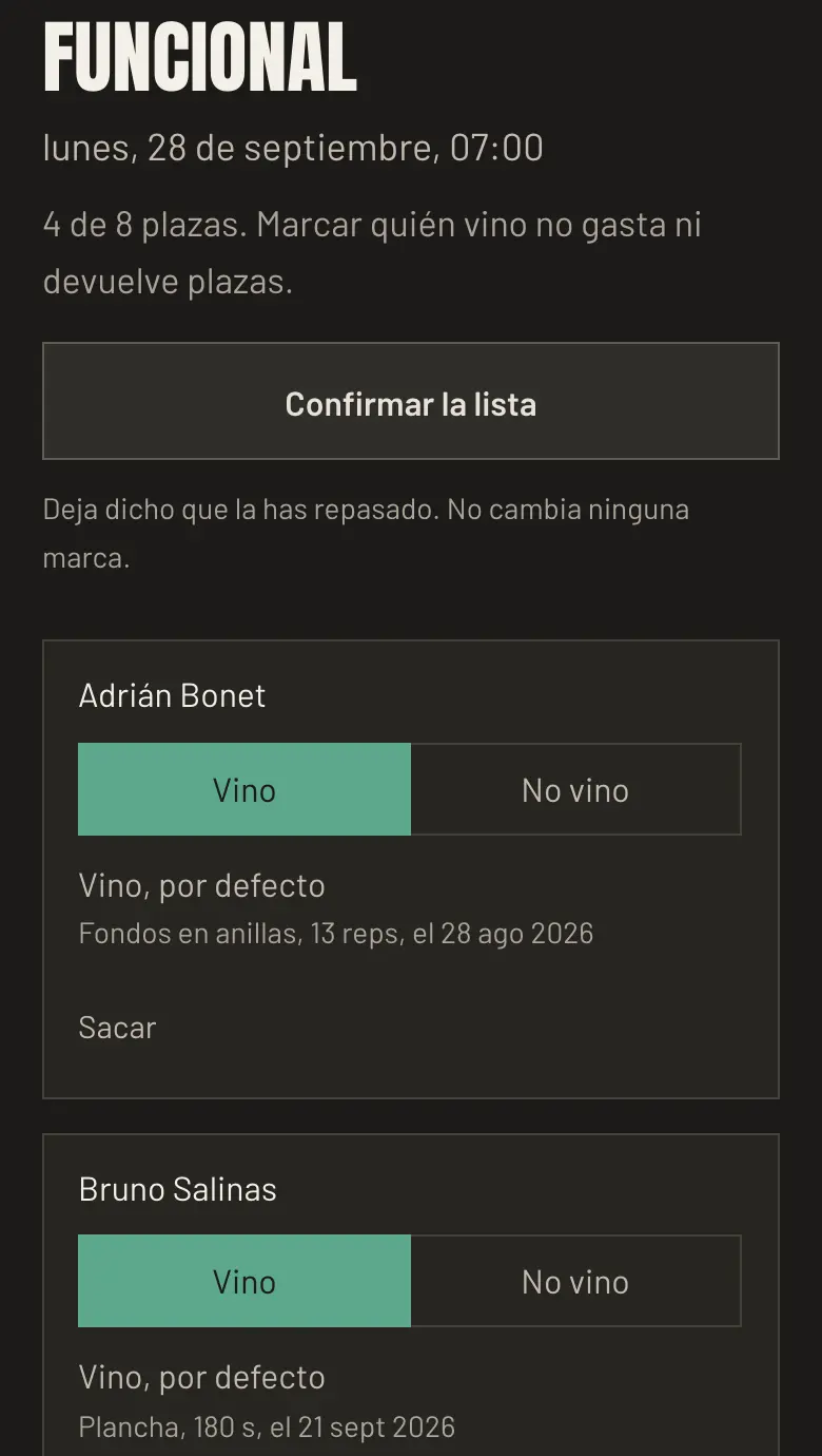 La lista de una clase que ya ha pasado: quién estaba apuntado, y al lado de cada nombre si vino o no.