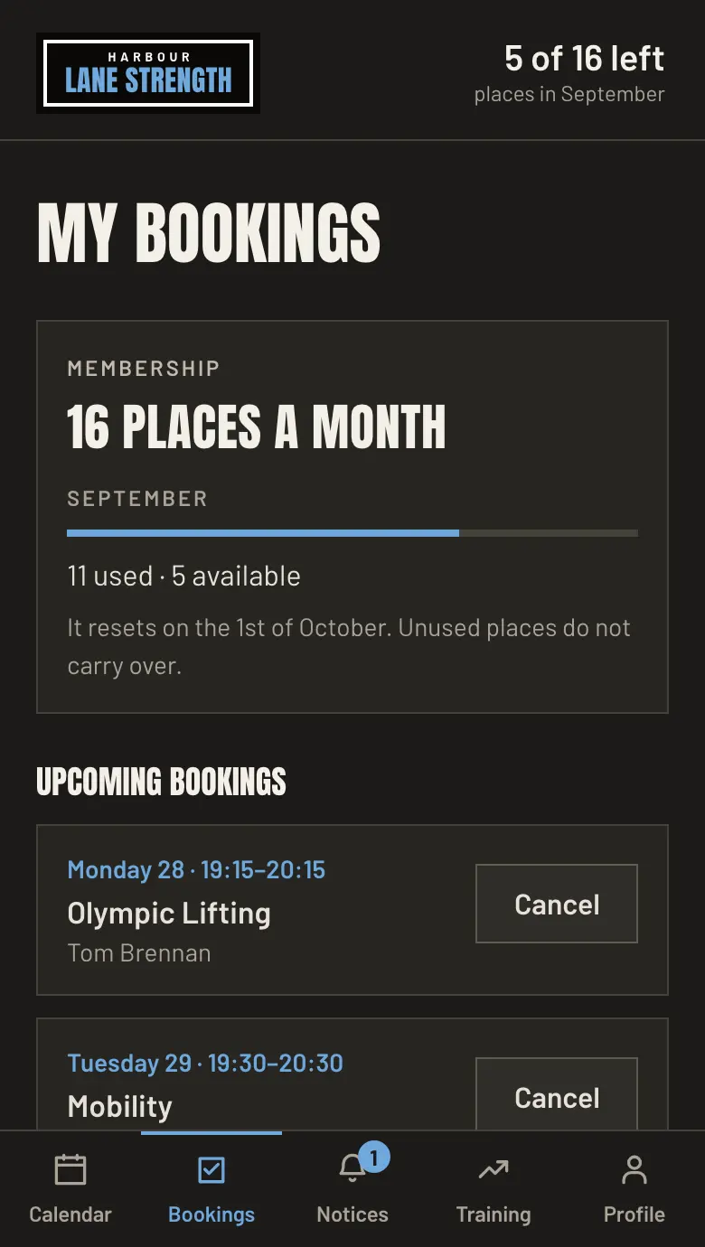A member’s bookings on their phone: the places they have used this month, the ones left, and the classes they hold.