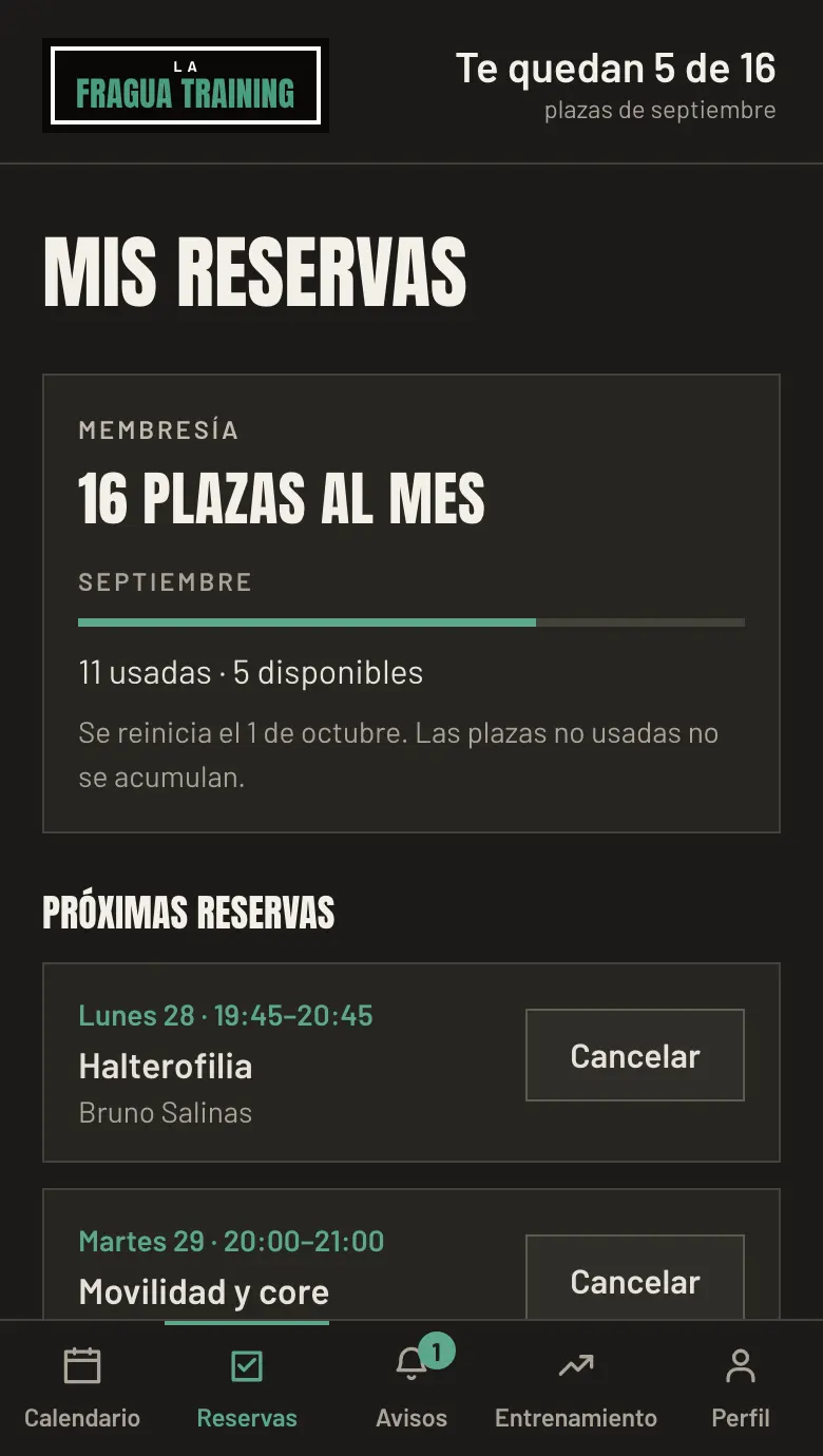 Las reservas de una socia en el móvil: las plazas que lleva usadas del mes, las que le quedan, y las clases que tiene cogidas.