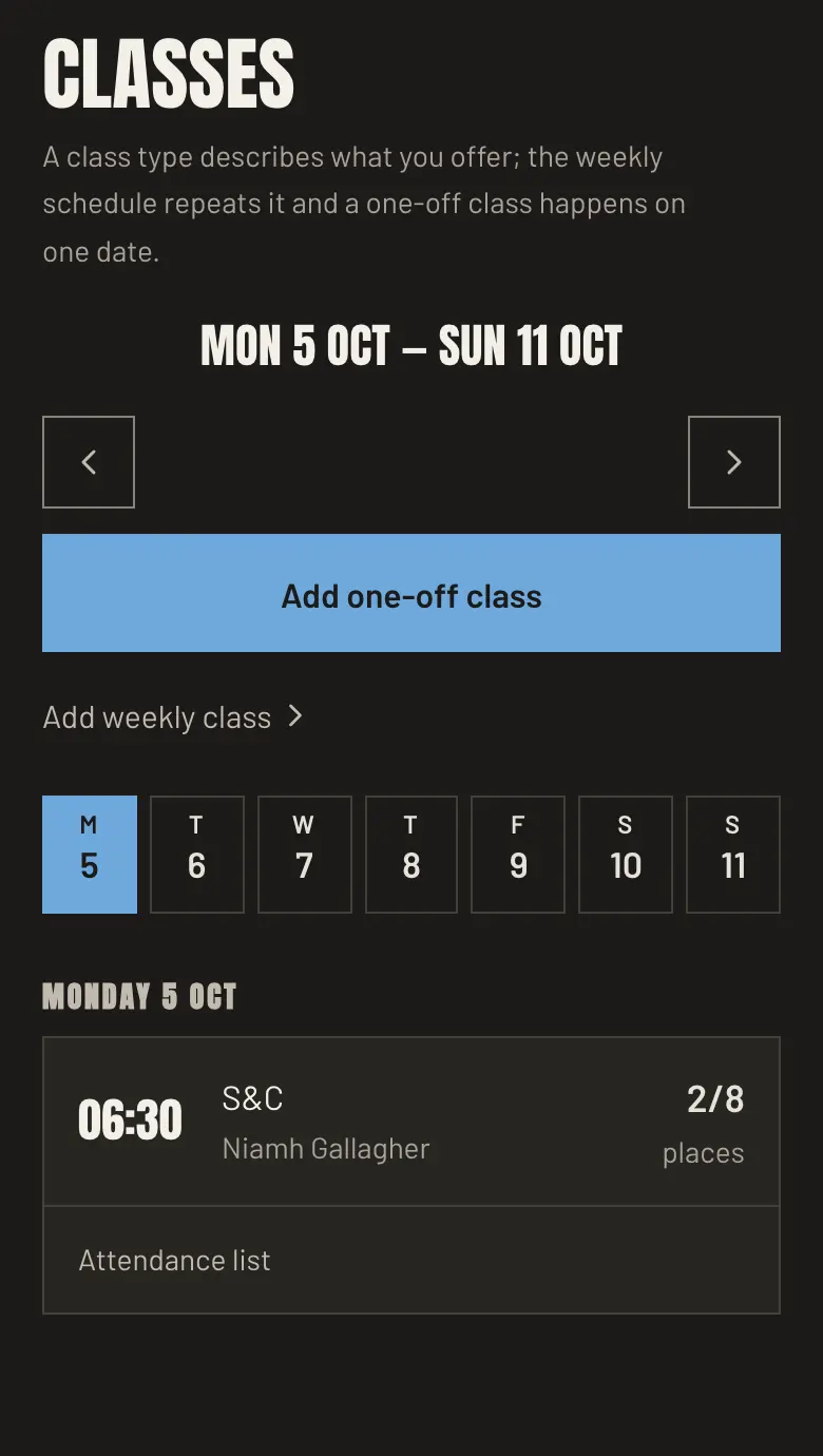The gym’s classes in the panel, with dates, times, coaches and places taken.